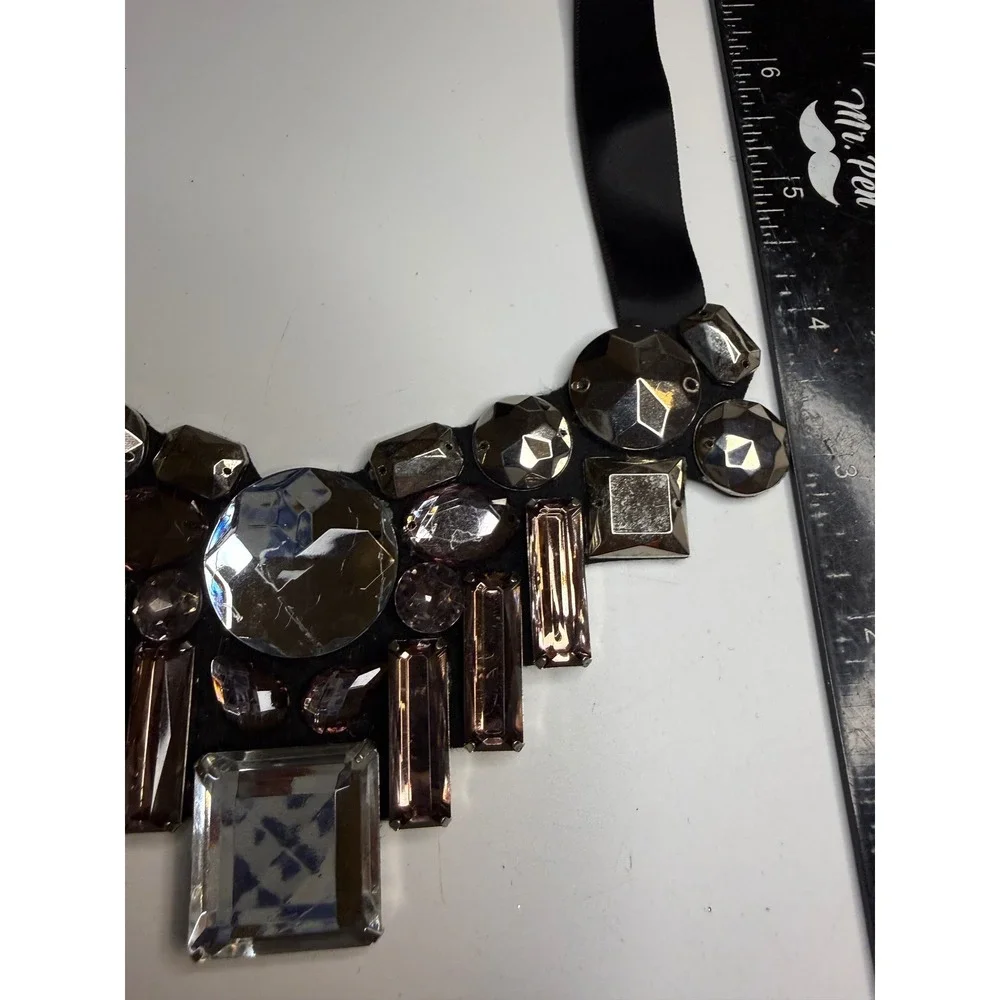 Statement Bib Necklace Black Satin Ribbon Tie Multi Gem Crystal Geometric Stone